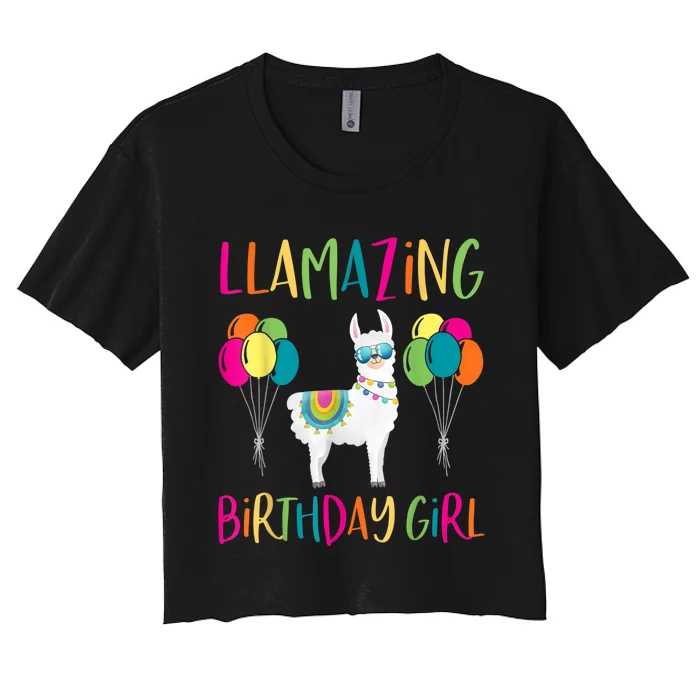 Girl Llama Birthday LLamazing Party Alpaca Balloons Women's Crop Top Tee