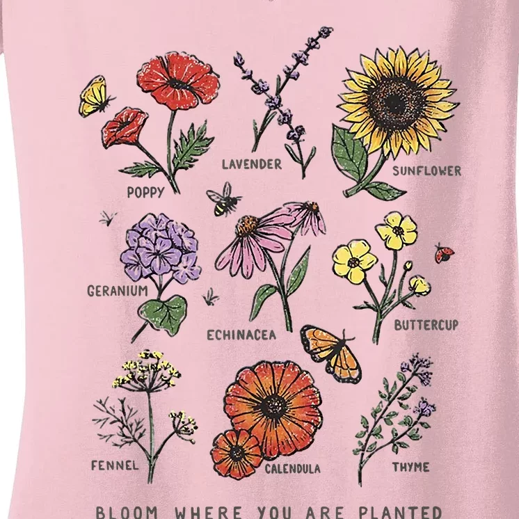 Garden Life Bloom Where You Are Planted Botanican Flowers Women's V-Neck T-Shirt