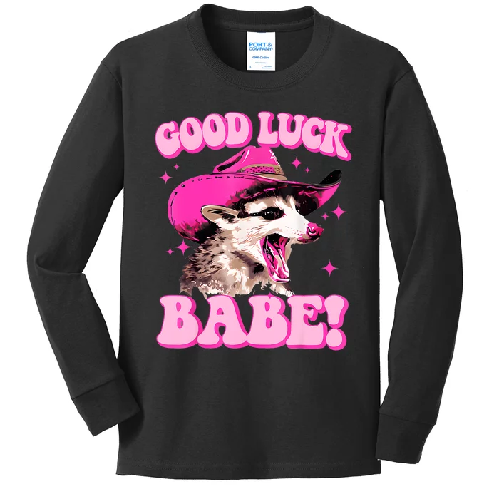 Good Luck Babe Pink Pony Club Cowgirls Western Opossum Kids Long Sleeve Shirt