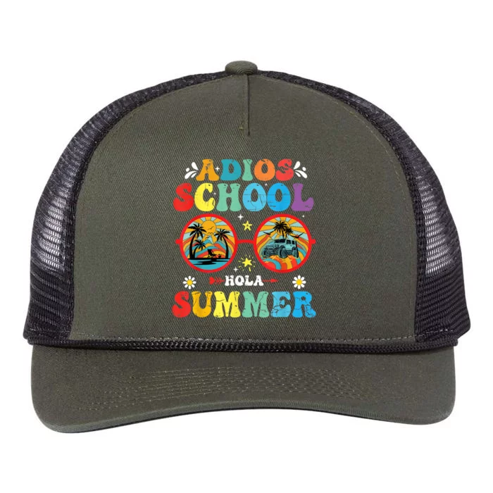 Groovy Last Day Of School Adios School Hola Summer Teacher Retro Rope Trucker Hat Cap