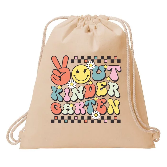 Groovy Last Day Of School Peace Out Kindergarten Drawstring Bag