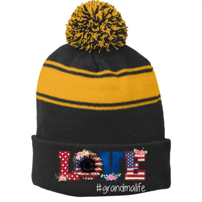 Grandma Life Floral Usa Flag Stripe Pom Pom Beanie