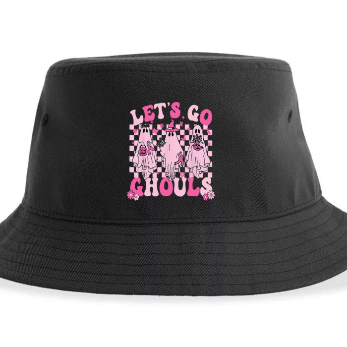 Groovy Let's Go Ghouls Cute Ghosts Funny Halloween Sustainable Bucket Hat