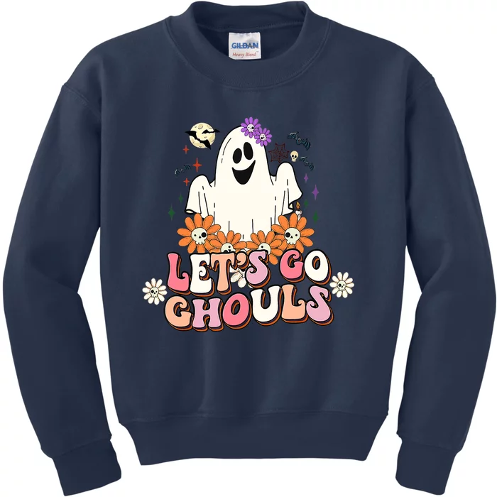 Groovy Lets Go Ghouls Ghost Retro Halloween Wo Girl Kids Sweatshirt