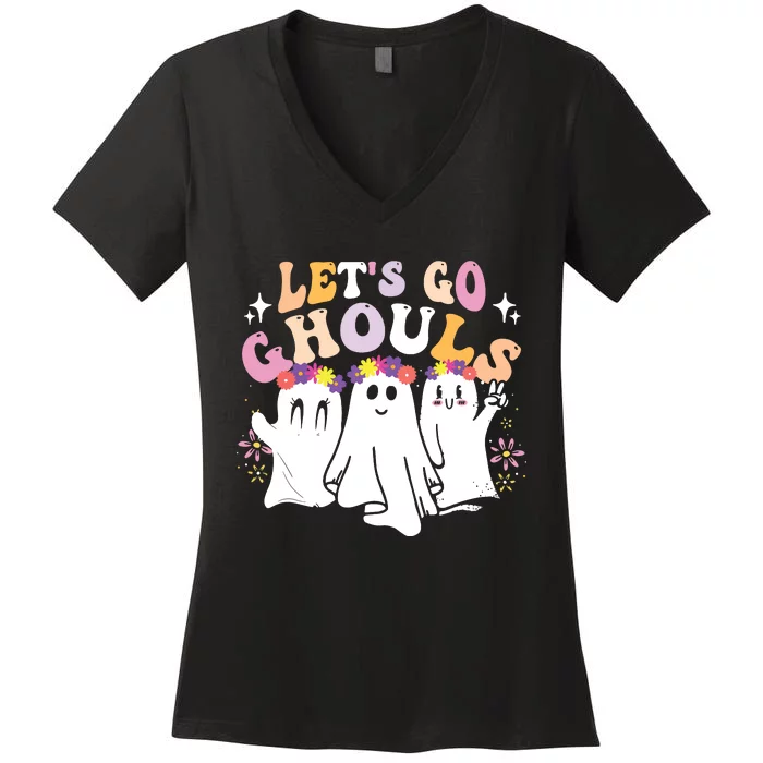 Groovy Lets Go Ghouls Cute Ghost Halloween Spooky Season Women's V-Neck T-Shirt