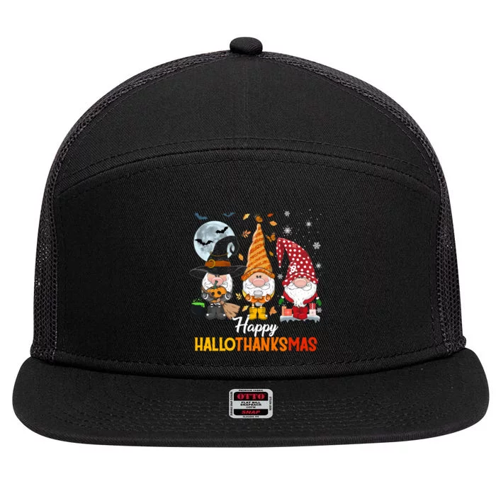 Gnomes Lover Halloween Merry Christmas Happy Hallothanksmas 7 Panel Mesh Trucker Snapback Hat