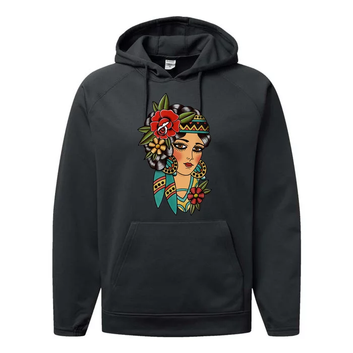 Gypsy Lady Head American Traditional Tattoo Design Performance Fleece Hoodie