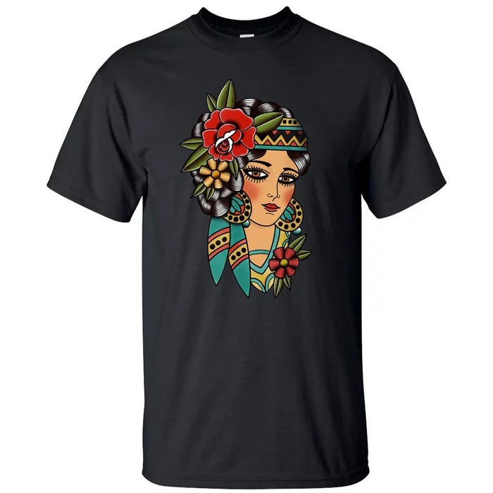 Gypsy Lady Head American Traditional Tattoo Design Tall T-Shirt