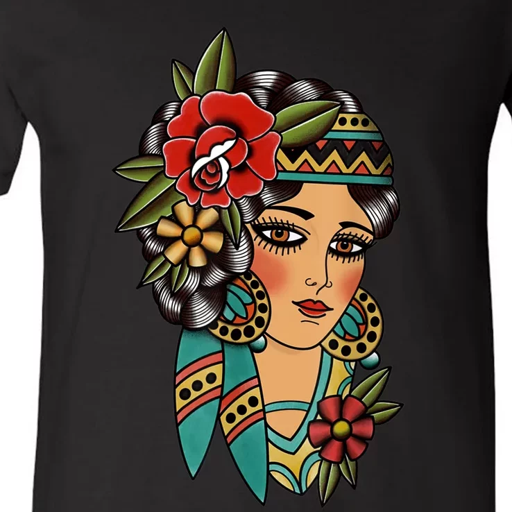 Gypsy Lady Head American Traditional Tattoo Design V-Neck T-Shirt