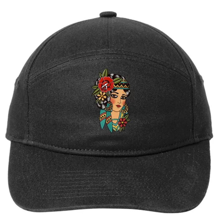 Gypsy Lady Head American Traditional Tattoo Design 7-Panel Snapback Hat