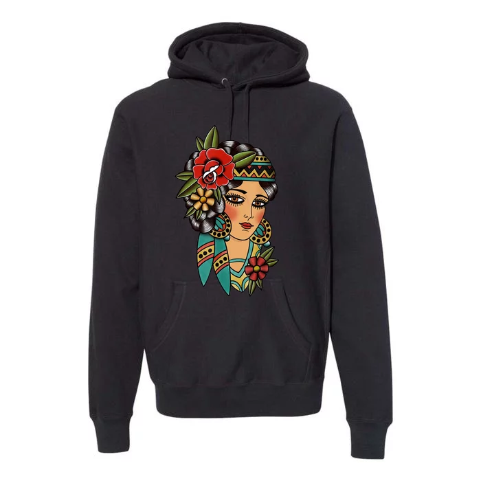 Gypsy Lady Head American Traditional Tattoo Design Premium Hoodie