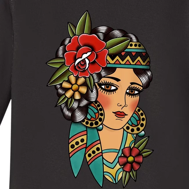 Gypsy Lady Head American Traditional Tattoo Design Baby Long Sleeve Bodysuit