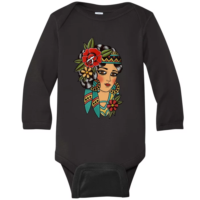 Gypsy Lady Head American Traditional Tattoo Design Baby Long Sleeve Bodysuit