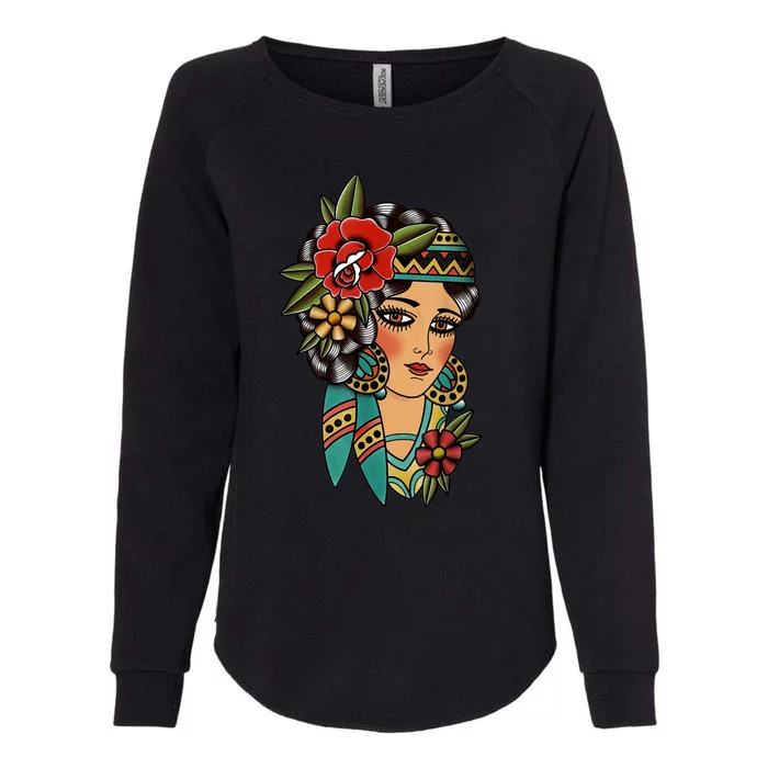 Gypsy Lady Head American Traditional Tattoo Design Womens California Wash Sweatshirt