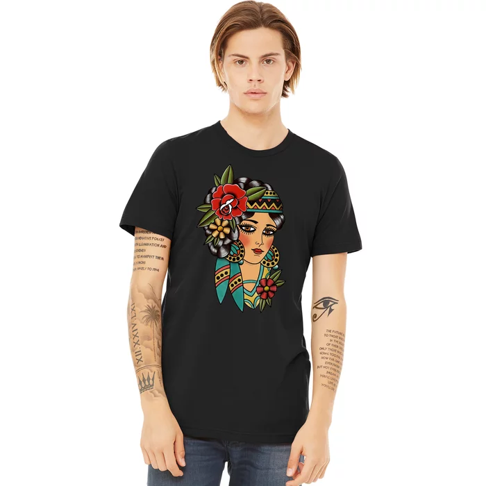 Gypsy Lady Head American Traditional Tattoo Design Premium T-Shirt