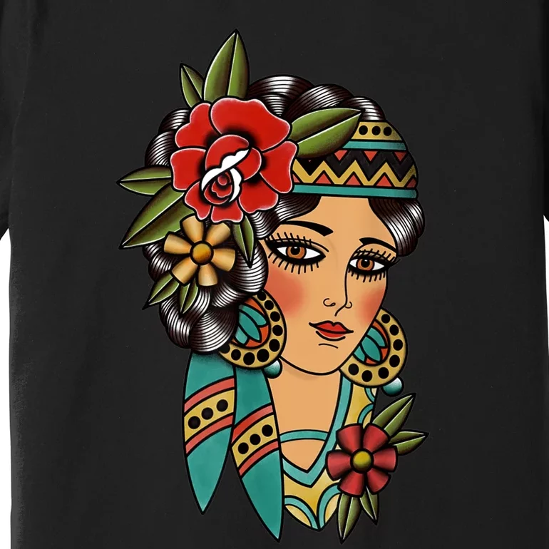 Gypsy Lady Head American Traditional Tattoo Design Premium T-Shirt