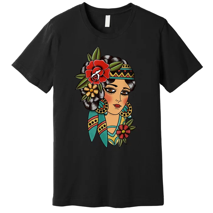 Gypsy Lady Head American Traditional Tattoo Design Premium T-Shirt