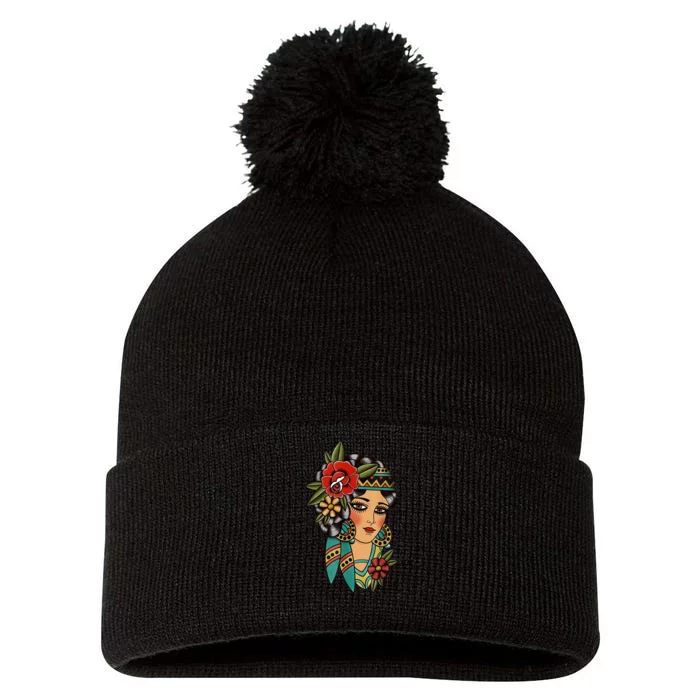 Gypsy Lady Head American Traditional Tattoo Design Pom Pom 12in Knit Beanie