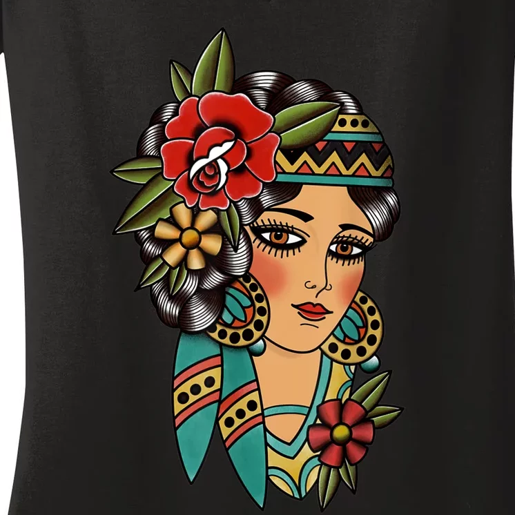 Gypsy Lady Head American Traditional Tattoo Design Women's V-Neck T-Shirt