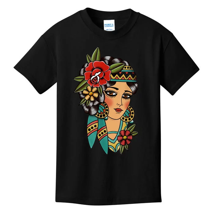 Gypsy Lady Head American Traditional Tattoo Design Kids T-Shirt