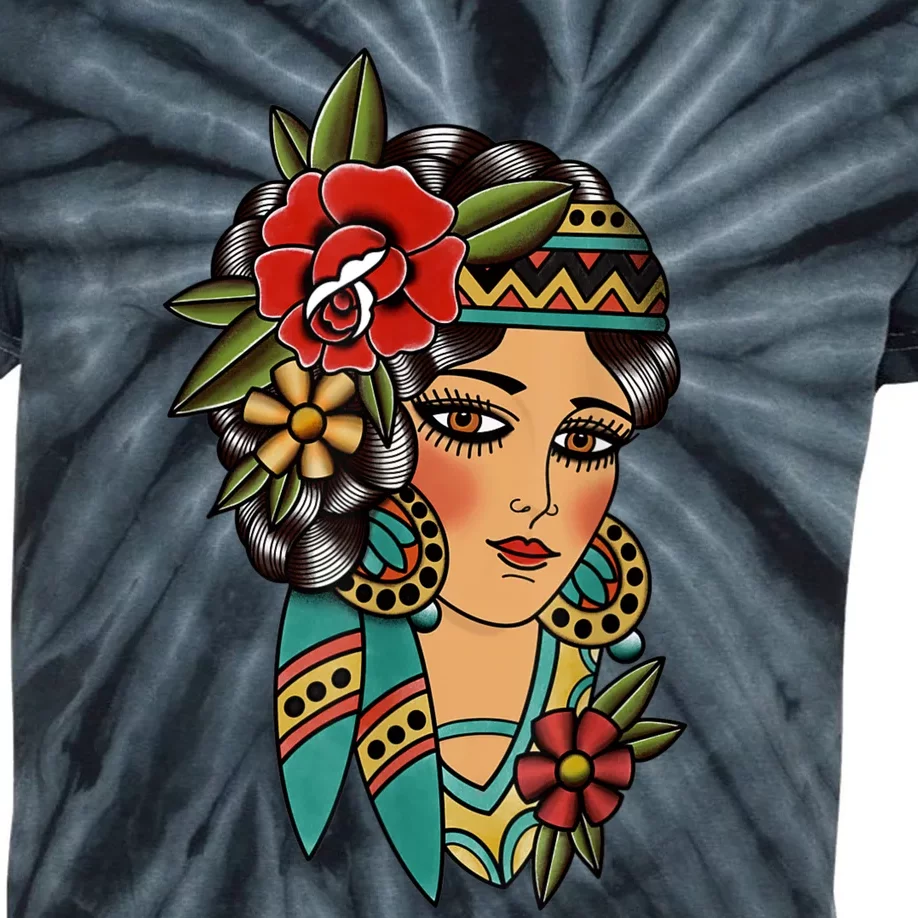 Gypsy Lady Head American Traditional Tattoo Design Kids Tie-Dye T-Shirt