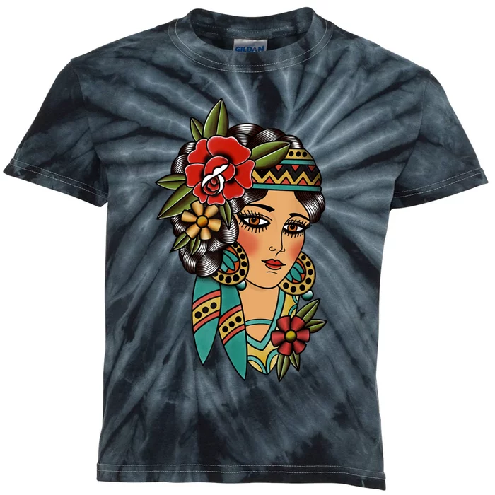 Gypsy Lady Head American Traditional Tattoo Design Kids Tie-Dye T-Shirt