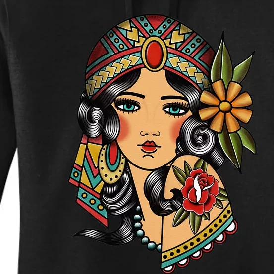 Gypsy Lady Head Fortune Teller American Traditional Tattoo Women's Pullover Hoodie