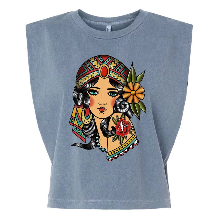 Gypsy Lady Head Fortune Teller American Traditional Tattoo Garment-Dyed Women's Muscle Tee