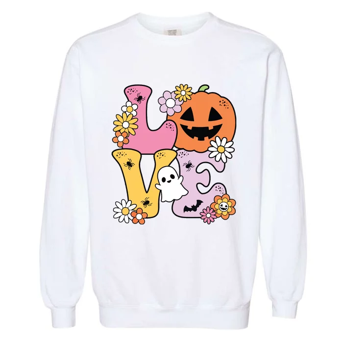 Groovy Love Halloween Floral Pumpkin Ghost Retro Garment-Dyed Sweatshirt