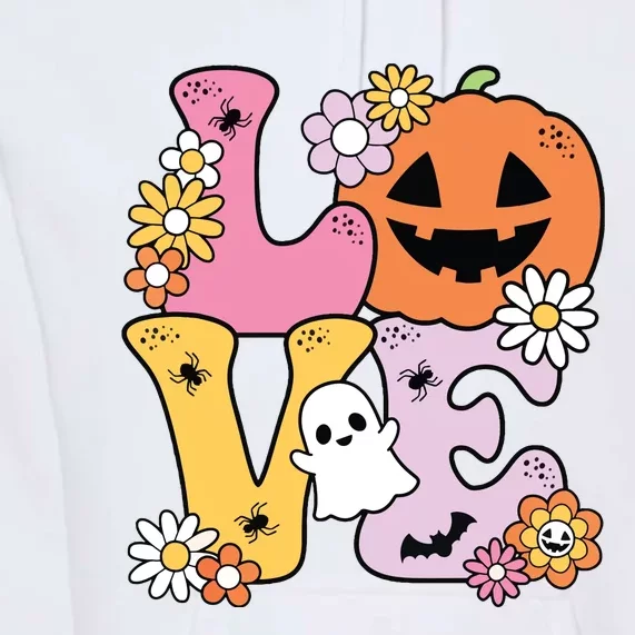 Groovy Love Halloween Floral Pumpkin Ghost Retro Premium Hoodie