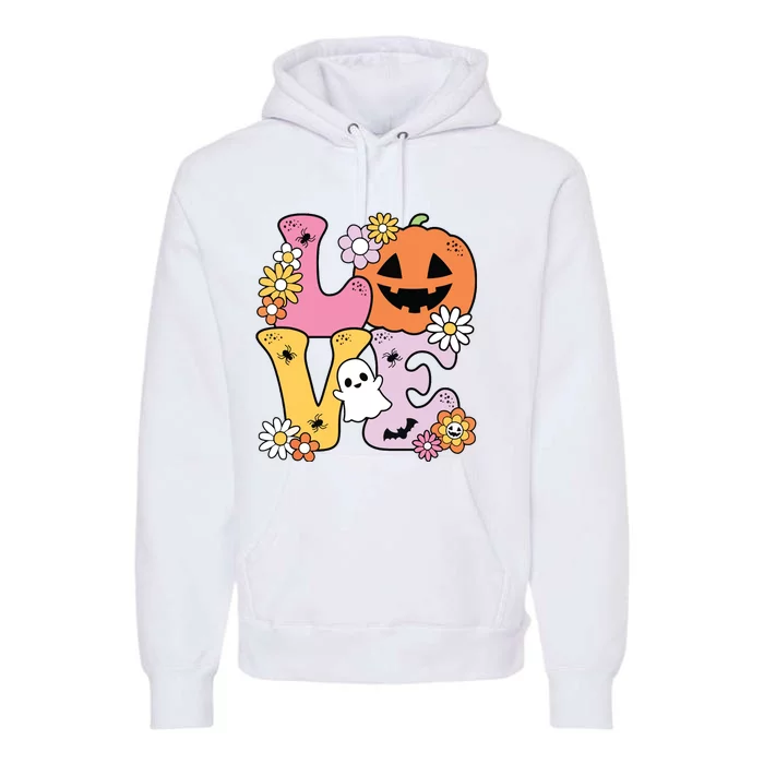 Groovy Love Halloween Floral Pumpkin Ghost Retro Premium Hoodie