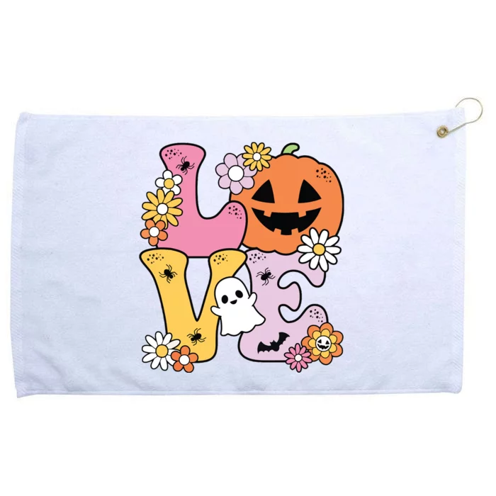 Groovy Love Halloween Floral Pumpkin Ghost Retro Grommeted Golf Towel