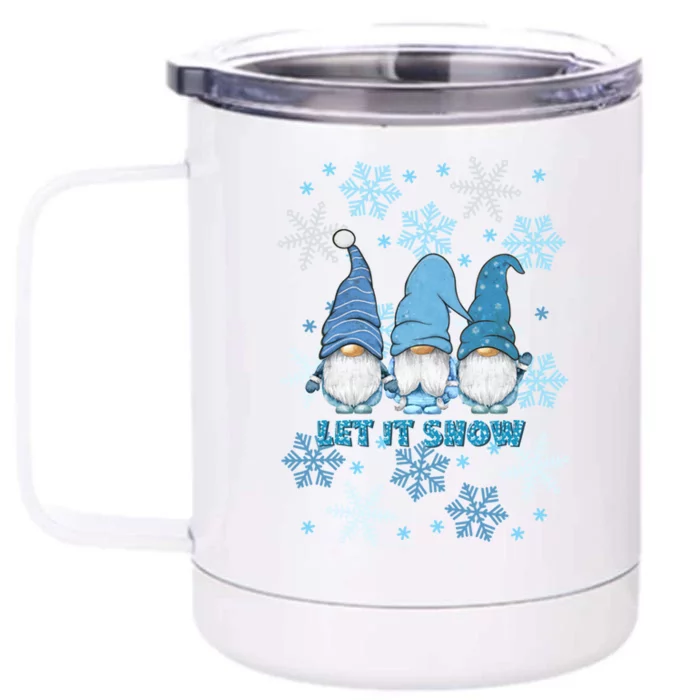 Gnome Let It Snow Snowflakes Blue Holiday Winter Gift Front & Back 12oz Stainless Steel Tumbler Cup