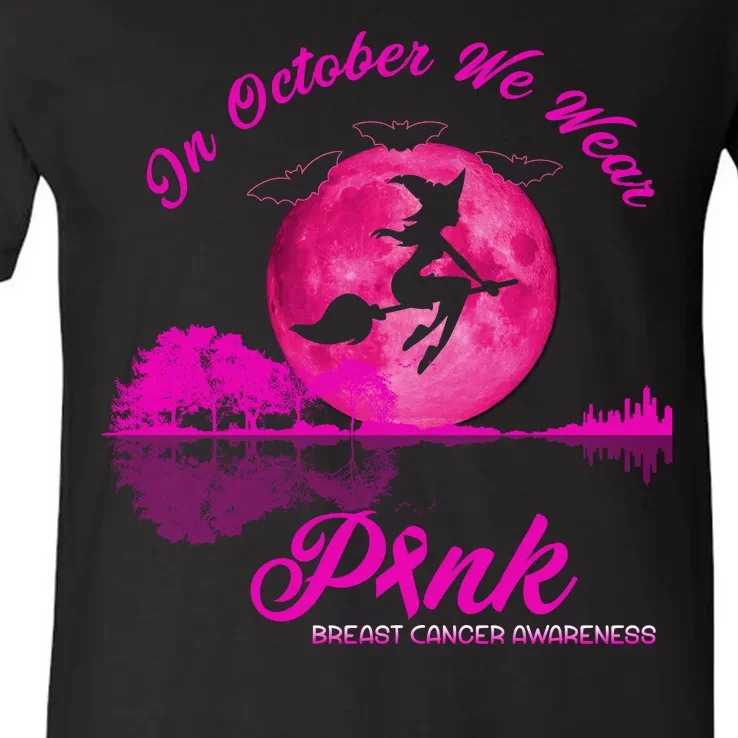 Guitar Lake In October We Wear Pink Breast Cancer Halloween V-Neck T-Shirt