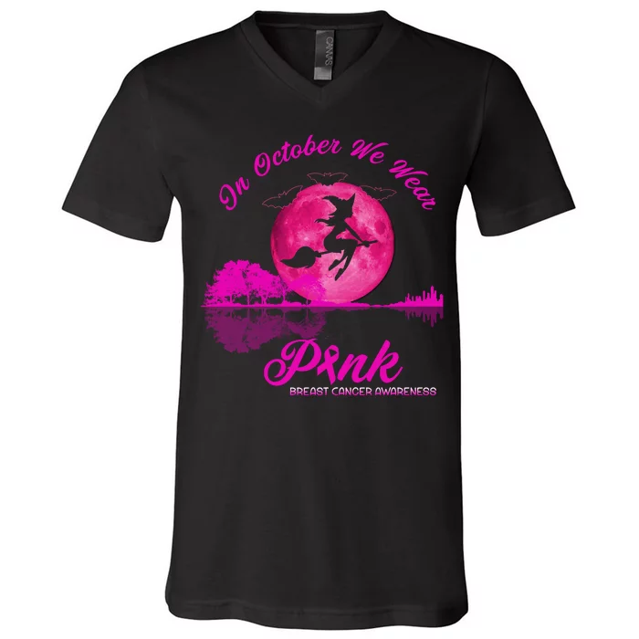 Guitar Lake In October We Wear Pink Breast Cancer Halloween V-Neck T-Shirt