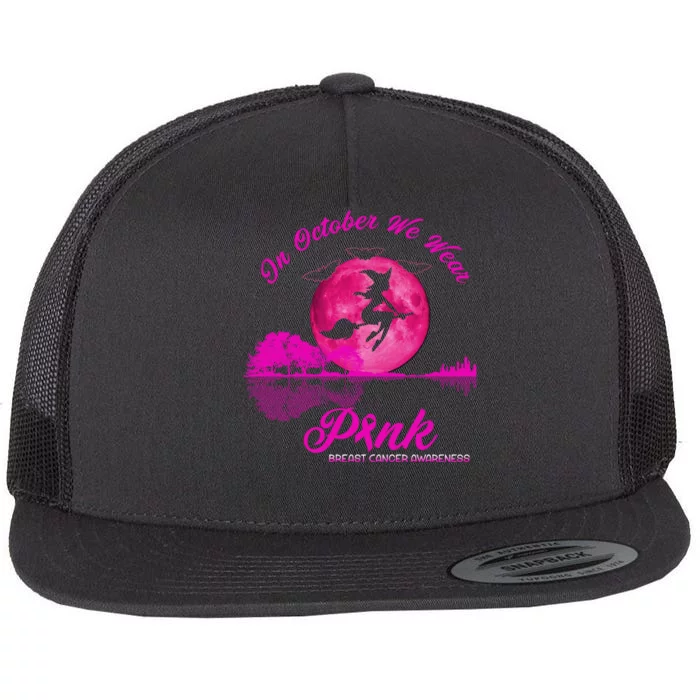 Guitar Lake In October We Wear Pink Breast Cancer Halloween Flat Bill Trucker Hat