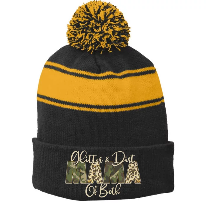 Glitter And Dirt Mama Of Both Mother's Day Stripe Pom Pom Beanie