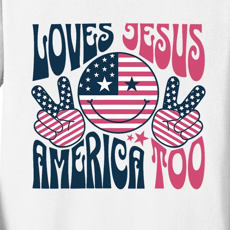 Groovy Loves Jesus And America Too God Christian 4th Of July Kids Long Sleeve Shirt