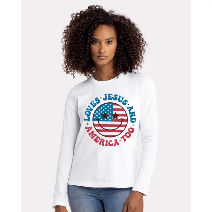 Groovy Loves Jesus And America Too God Christian 4th Of July Womens Cotton Relaxed Long Sleeve T-Shirt