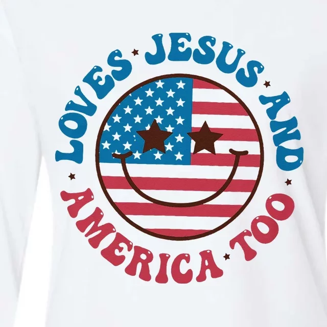 Groovy Loves Jesus And America Too God Christian 4th Of July Womens Cotton Relaxed Long Sleeve T-Shirt