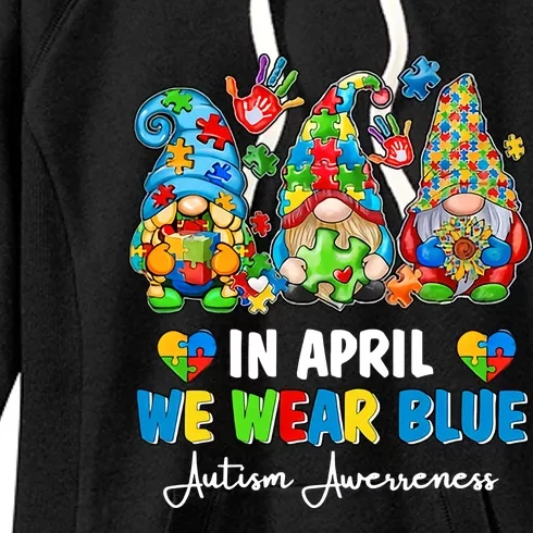 in april we wear bue Gnomes Leopard Love Accept Autism Awareness Autism Support Women's Fleece Hoodie