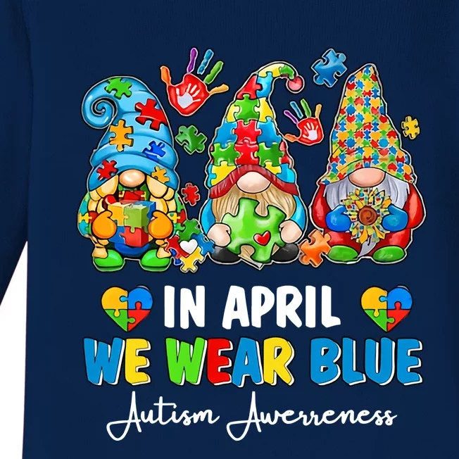 in april we wear bue Gnomes Leopard Love Accept Autism Awareness Autism Support Baby Long Sleeve Bodysuit