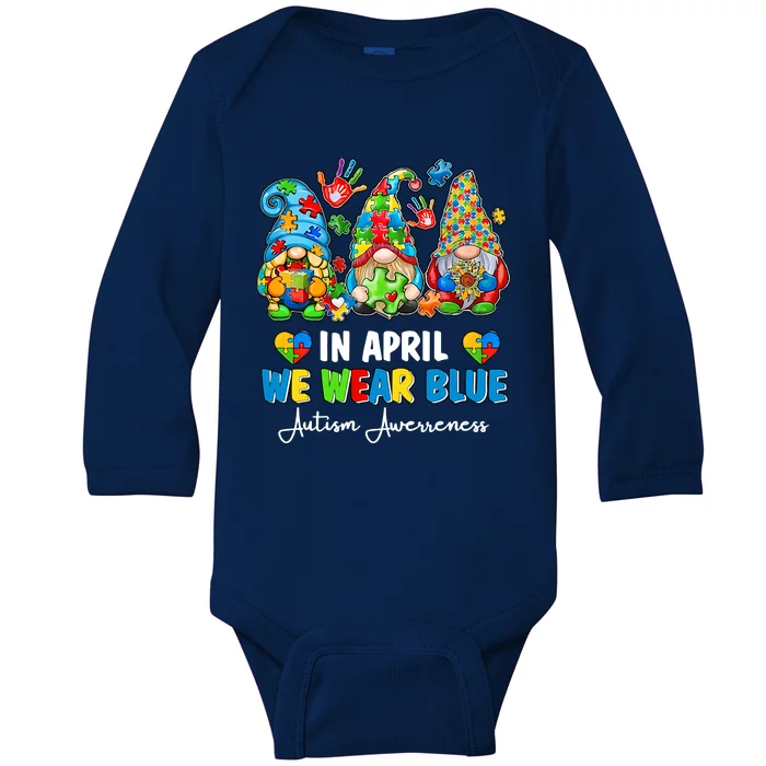 in april we wear bue Gnomes Leopard Love Accept Autism Awareness Autism Support Baby Long Sleeve Bodysuit