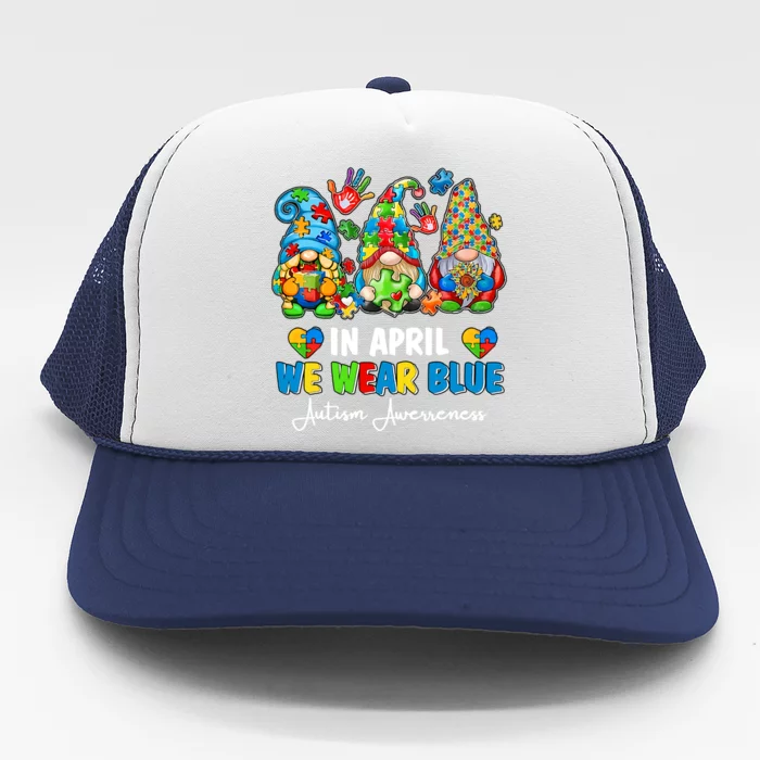 in april we wear bue Gnomes Leopard Love Accept Autism Awareness Autism Support Trucker Hat