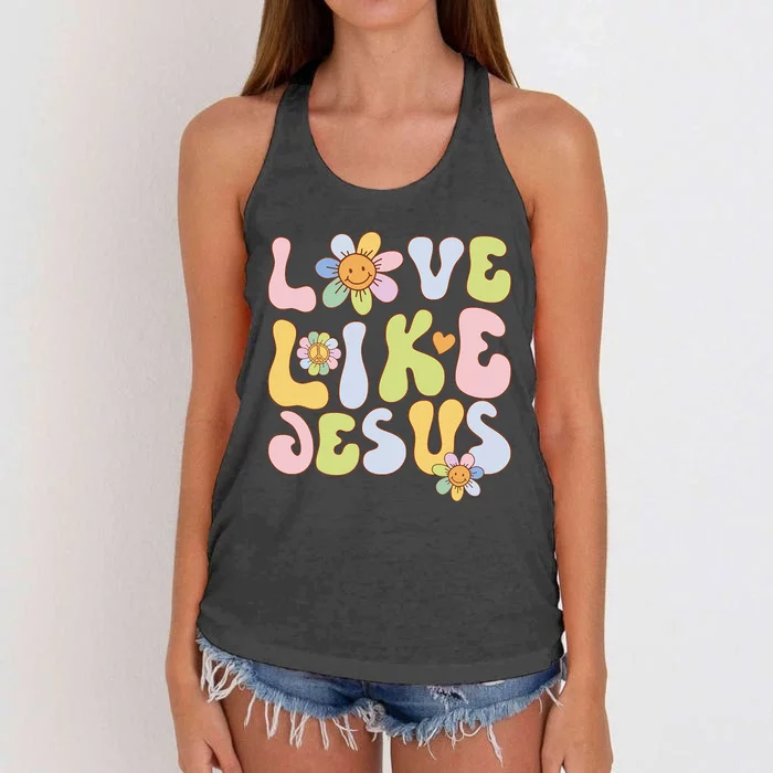 Groovy Love Like Jesus Religious God Christian Women's Knotted Racerback Tank