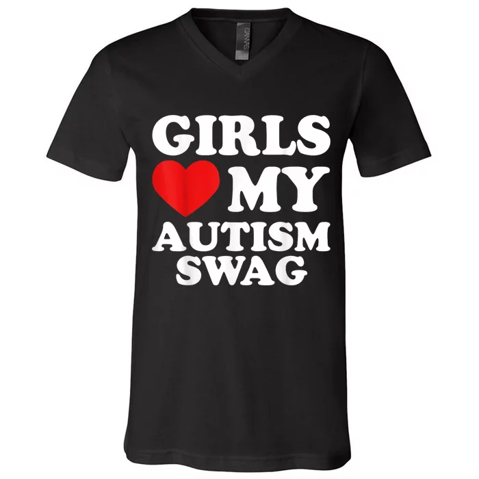 Girl Love My Autism Swag Funny Girl Heart Autism Awareness V-Neck T-Shirt