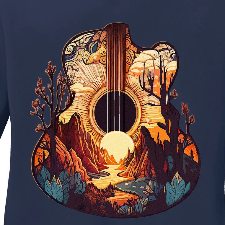 Guitar Landscape Music Lover Acoustic Guitar Player Graphic Ladies Long Sleeve Shirt