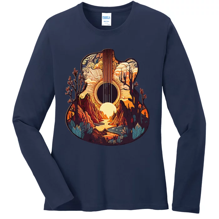 Guitar Landscape Music Lover Acoustic Guitar Player Graphic Ladies Long Sleeve Shirt