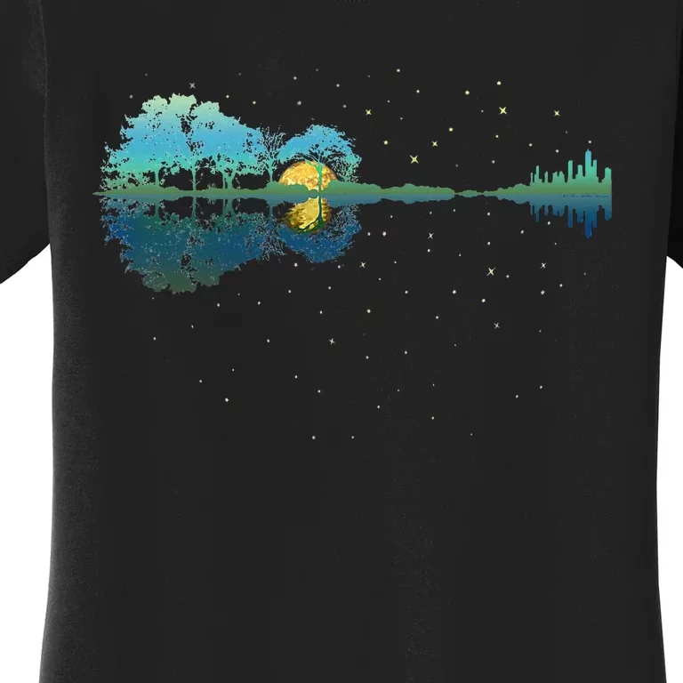 Guitar Lake Reflections Night Sky And Moon Guitar Women's T-Shirt