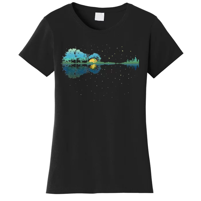 Guitar Lake Reflections Night Sky And Moon Guitar Women's T-Shirt